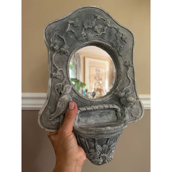 Vintage Pottery Mirror wall hanging hand made birds distressed heavy gray decor